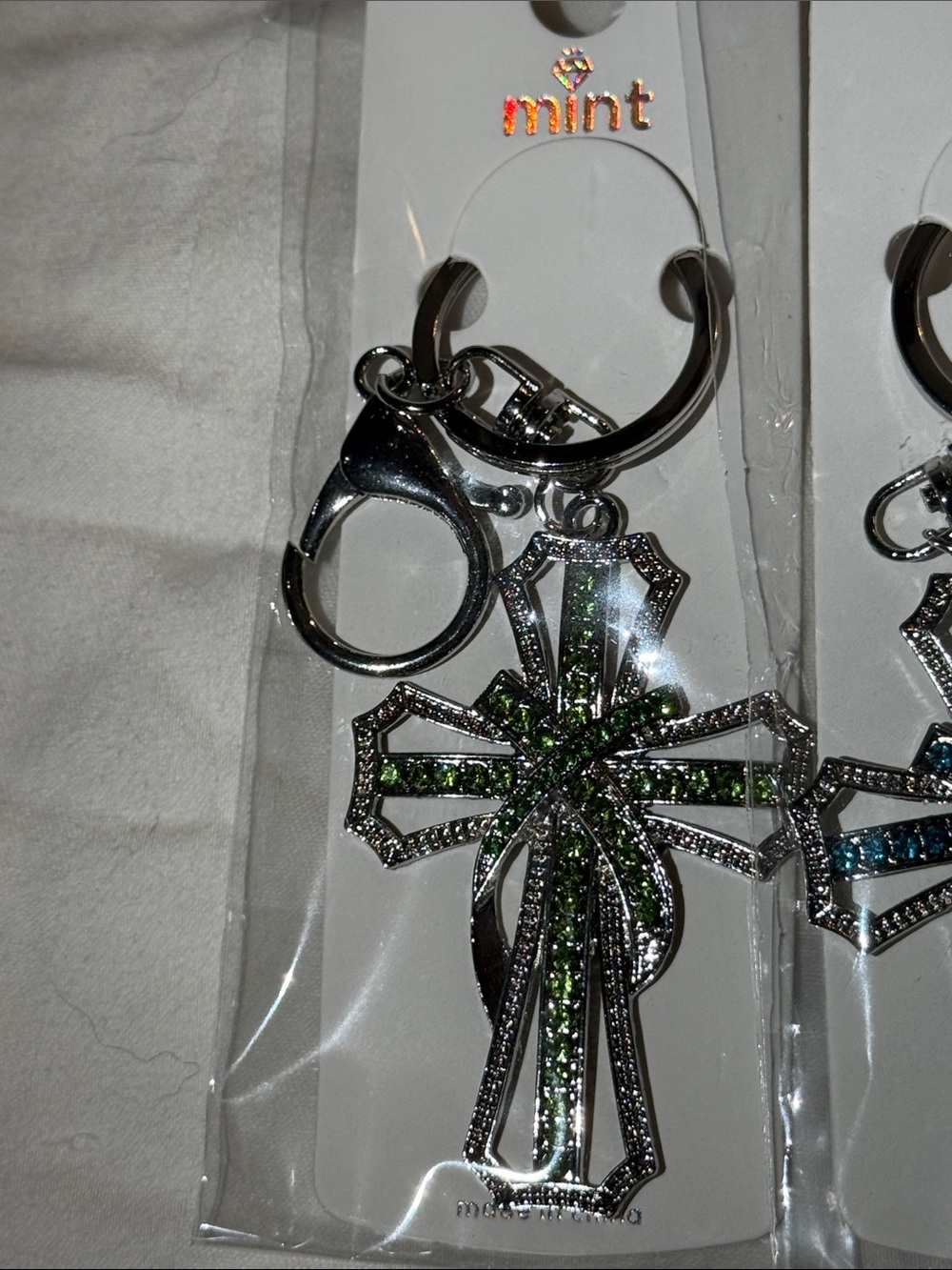 Mint Green Crystal Cross Keyring with Silver Hardware